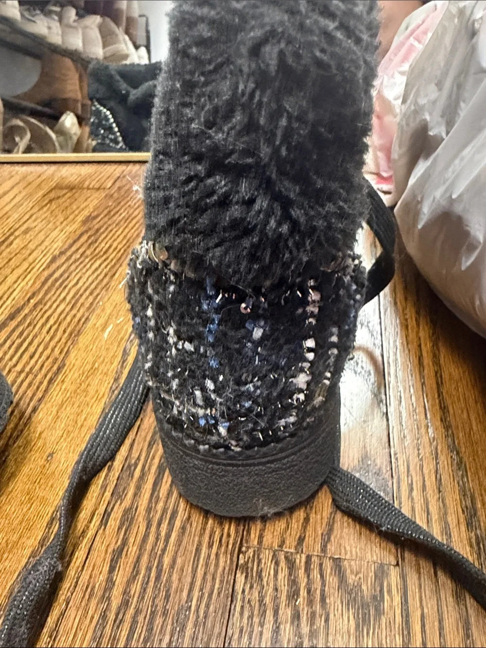 Jack Rogers Black Faux Fur Lace-Up Winter Boots with Gold Hardware